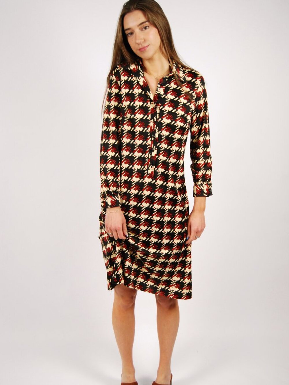 60s Houndstooth Dress (L) large cream red vintage shirt midi preppy mod retro